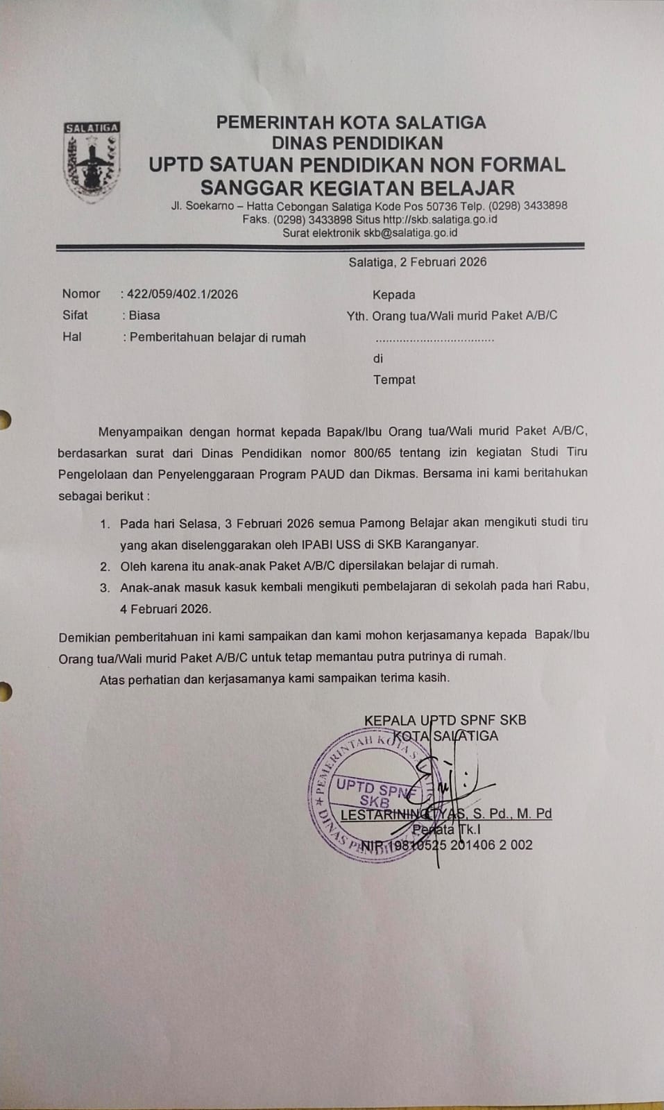Pemberitahuan Pelaksanaan KBM Daring Tanggal 3 Februari 2026